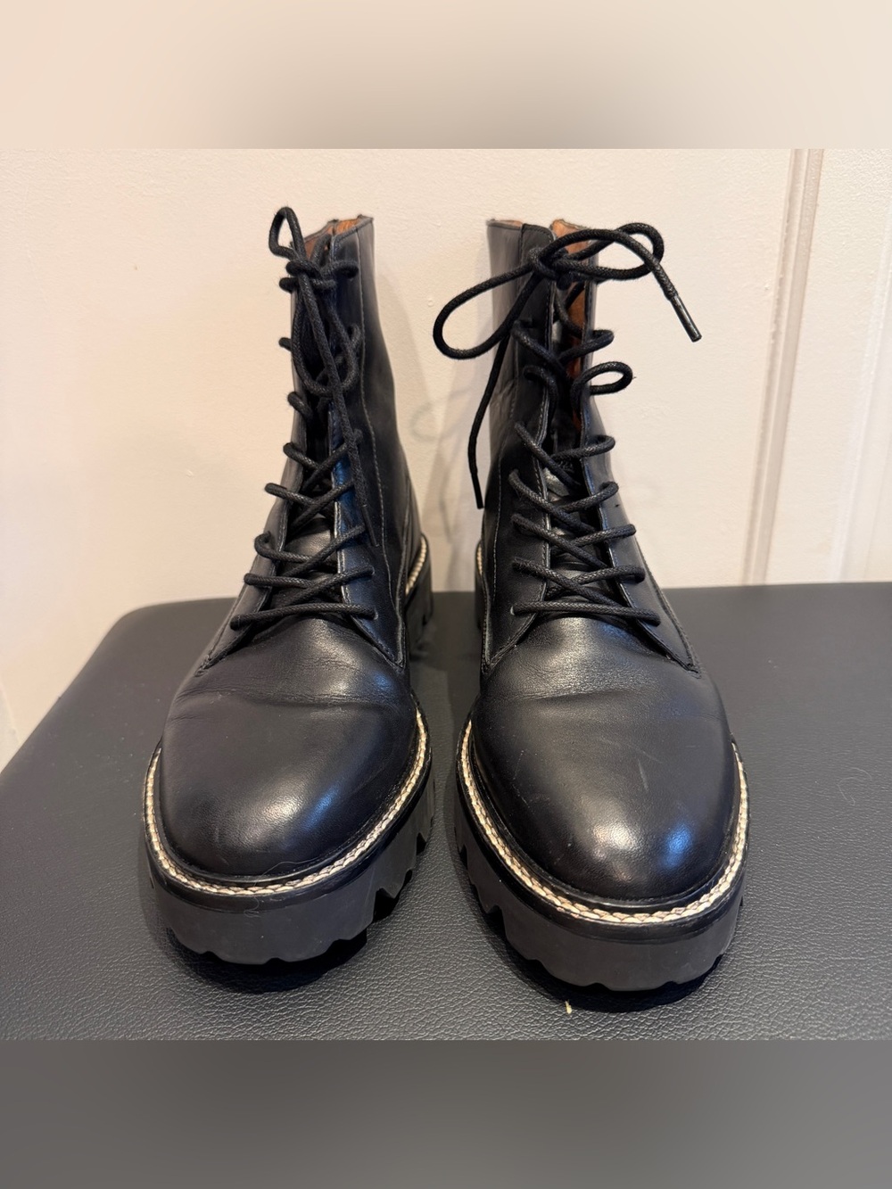 Madewell The Citywalk Lugsole Lace Up Boot Sz 8 Leather Black Edgy Y2K Chic EUC